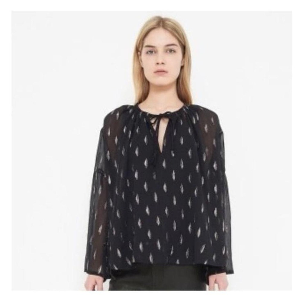 IRO Naomie Black Silk Flared Bell Sleeve peasant Blouse With Metallic Thread